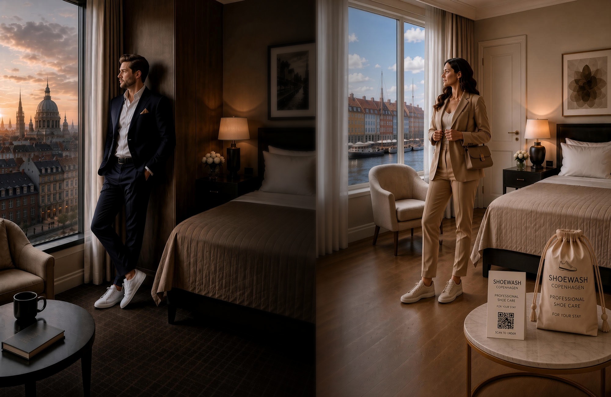 Hotel guests with ShoeWash bag and room card